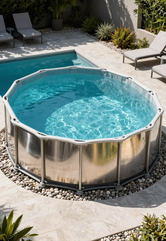 11 Beautiful Above Ground Pool Wall Ideas Wood and Metal 2. Sleek Metal Finishes 0