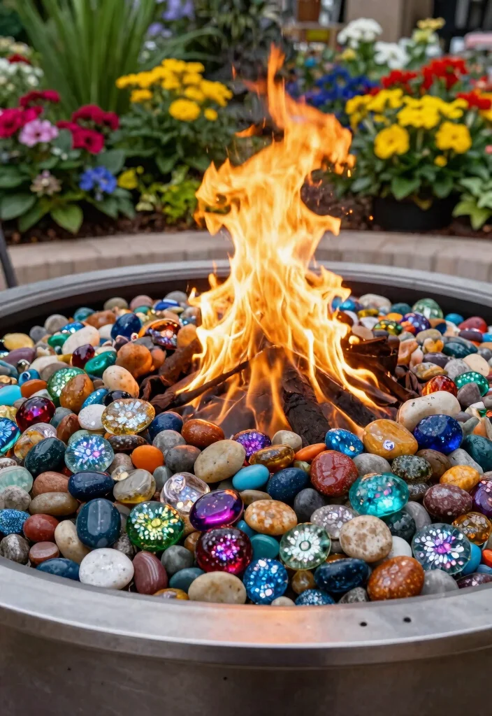 11 Beautiful Fire Pit Glass Stones Ideas Modern Glow 6. Colored Pebbles with Glass Accents 0