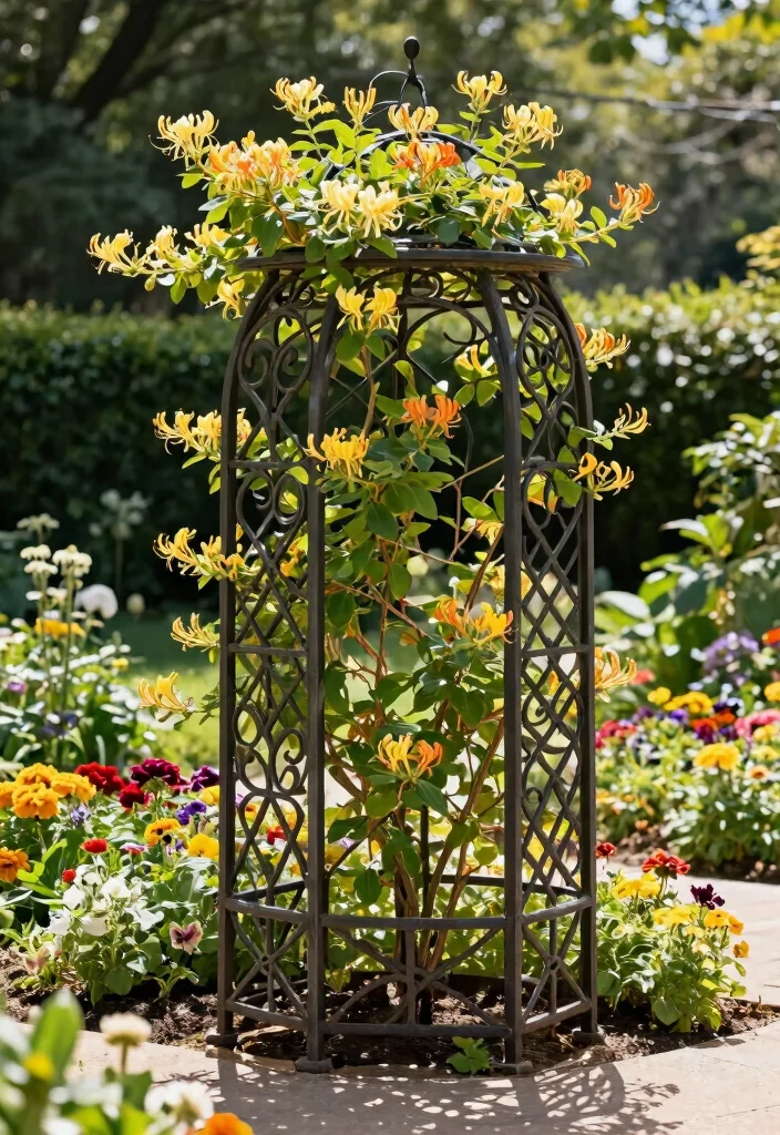 11 Beautiful Outdoor Lattice Planter Ideas for Climbing Vines 7. Elegant Wrought Iron Lattice for Climbing Honeysuckle 0