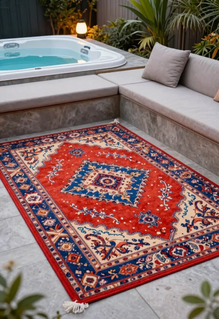 11 Clever Hot Tub Organization Ideas for Towels and Gear 11. Decorative Rugs for Organization 0
