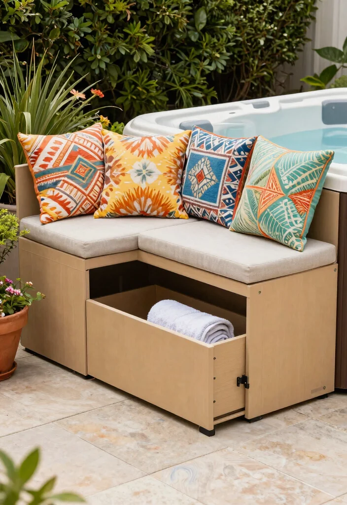 11 Clever Hot Tub Organization Ideas for Towels and Gear 2. Multi Functional Storage Bench 0