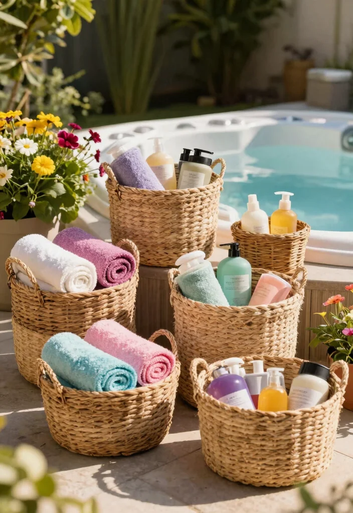 11 Clever Hot Tub Organization Ideas for Towels and Gear 4. Decorative Baskets 0