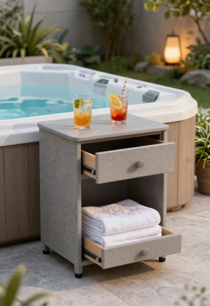 11 Clever Hot Tub Organization Ideas for Towels and Gear 9. Outdoor Side Tables with Storage 0