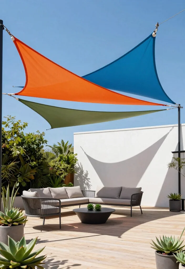 11 Contemporary Porch Awning Ideas Using Shade Sails to Transform Your Outdoor Living Space 1. Geometric Perfection Modern Sail Awning Designs 0