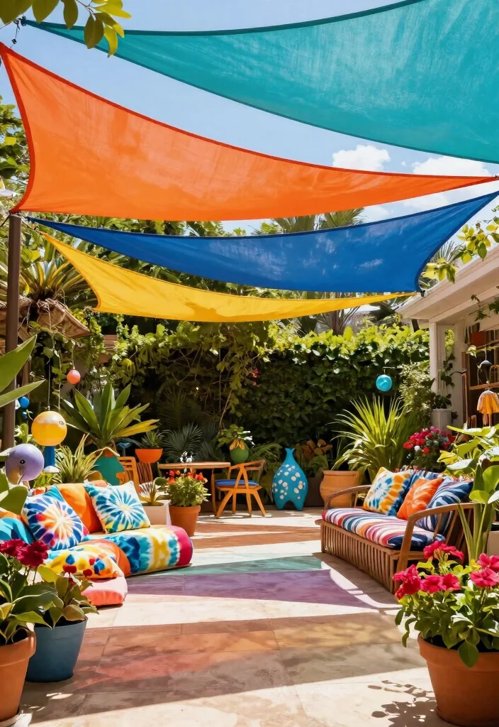 11 Contemporary Porch Awning Ideas Using Shade Sails to Transform Your Outdoor Living Space 4. Colorful Playfulness in Design 0