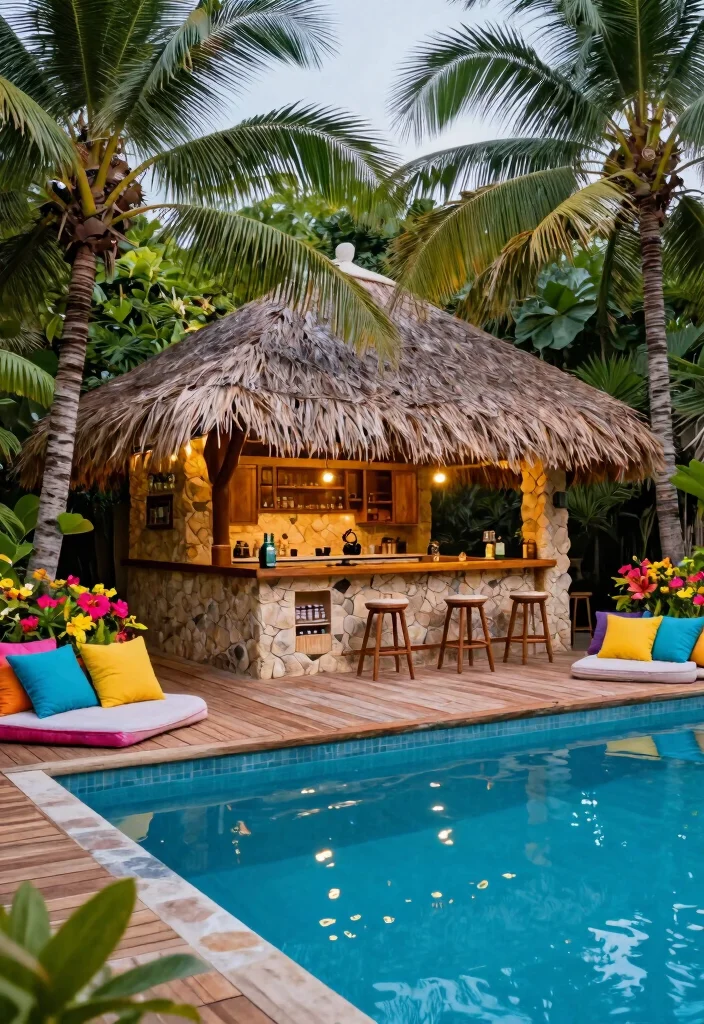 11 Dreamy Above Ground Pool Deck Ideas with Outdoor Kitchen 1. Tropical Paradise Pool Deck 0