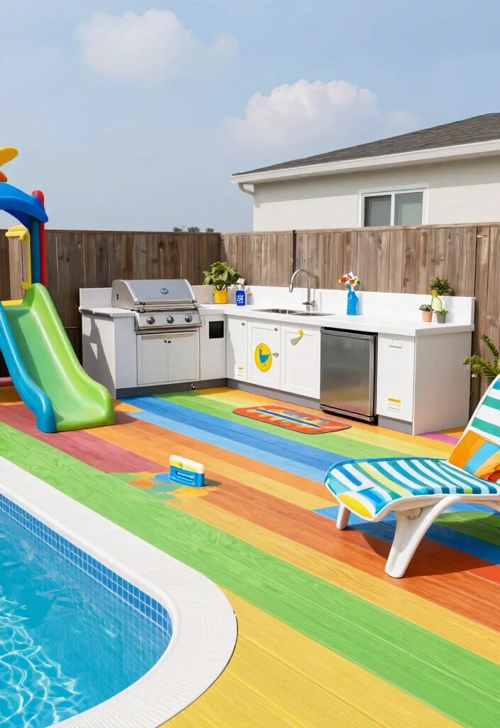 11 Dreamy Above Ground Pool Deck Ideas with Outdoor Kitchen 10. Fun and Playful Family Space 0