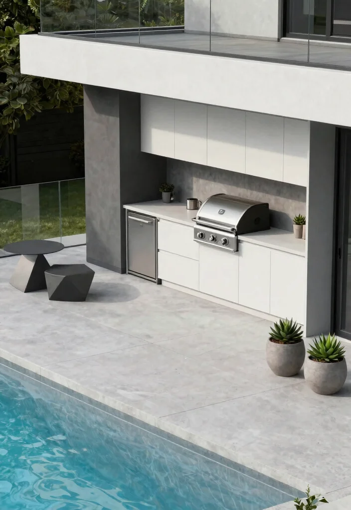11 Dreamy Above Ground Pool Deck Ideas with Outdoor Kitchen 2. Modern Minimalist Oasis 0