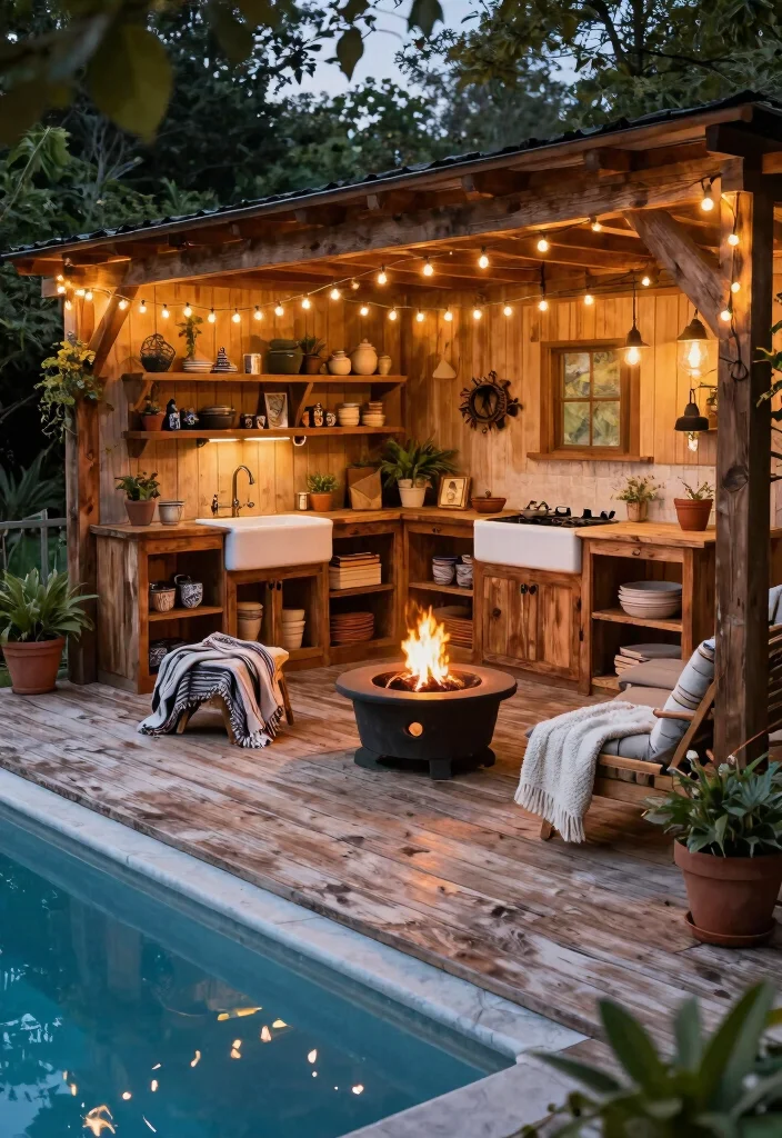 11 Dreamy Above Ground Pool Deck Ideas with Outdoor Kitchen 3. Rustic Charm with Wood Elements 0