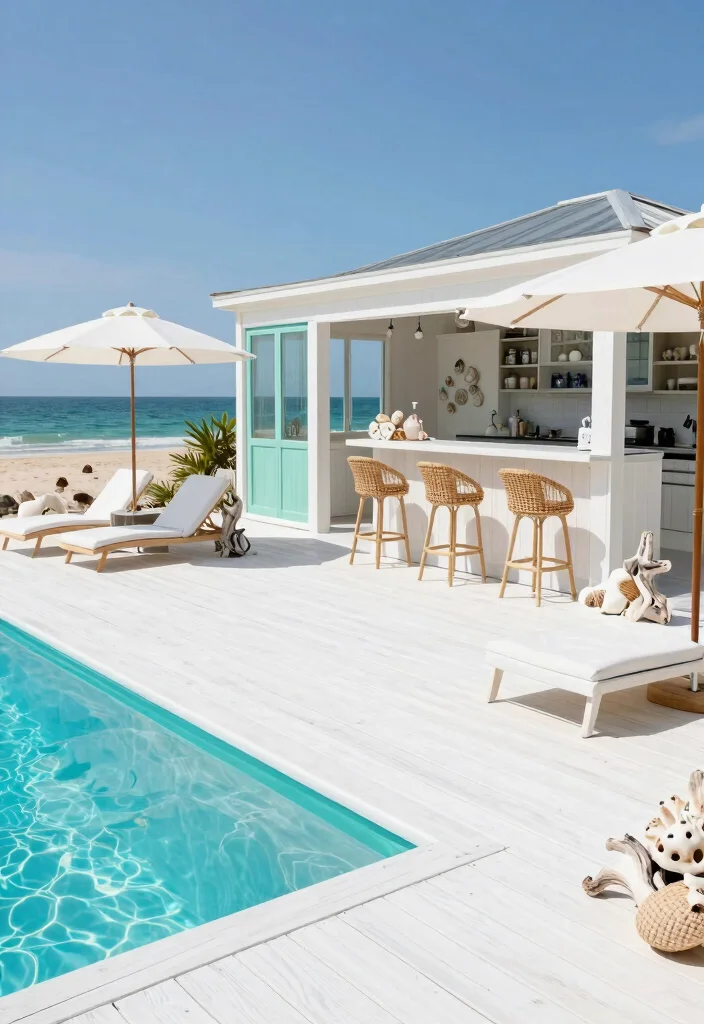 11 Dreamy Above Ground Pool Deck Ideas with Outdoor Kitchen 4. Coastal Retreat Vibes 0