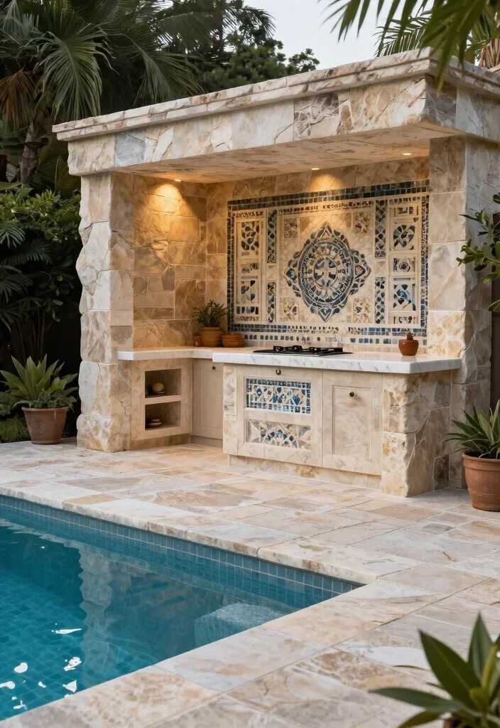 11 Dreamy Above Ground Pool Deck Ideas with Outdoor Kitchen 5. Elegant Stone and Tile Design 0