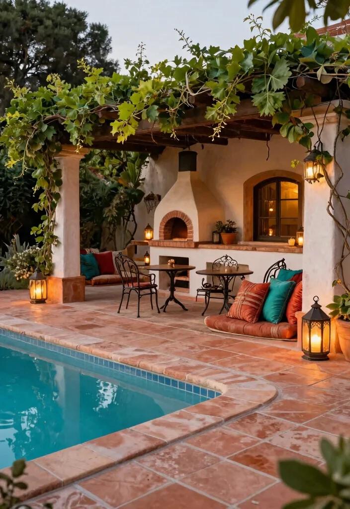 11 Dreamy Above Ground Pool Deck Ideas with Outdoor Kitchen 7. Mediterranean Style Charm 0