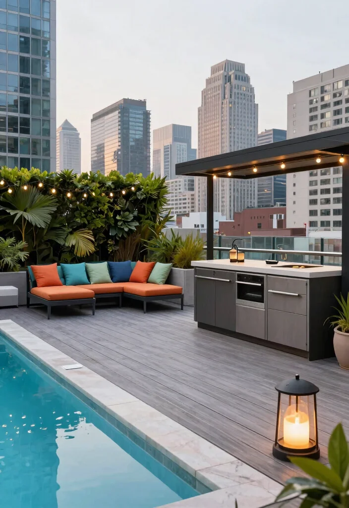 11 Dreamy Above Ground Pool Deck Ideas with Outdoor Kitchen 8. Chic Urban Rooftop 0