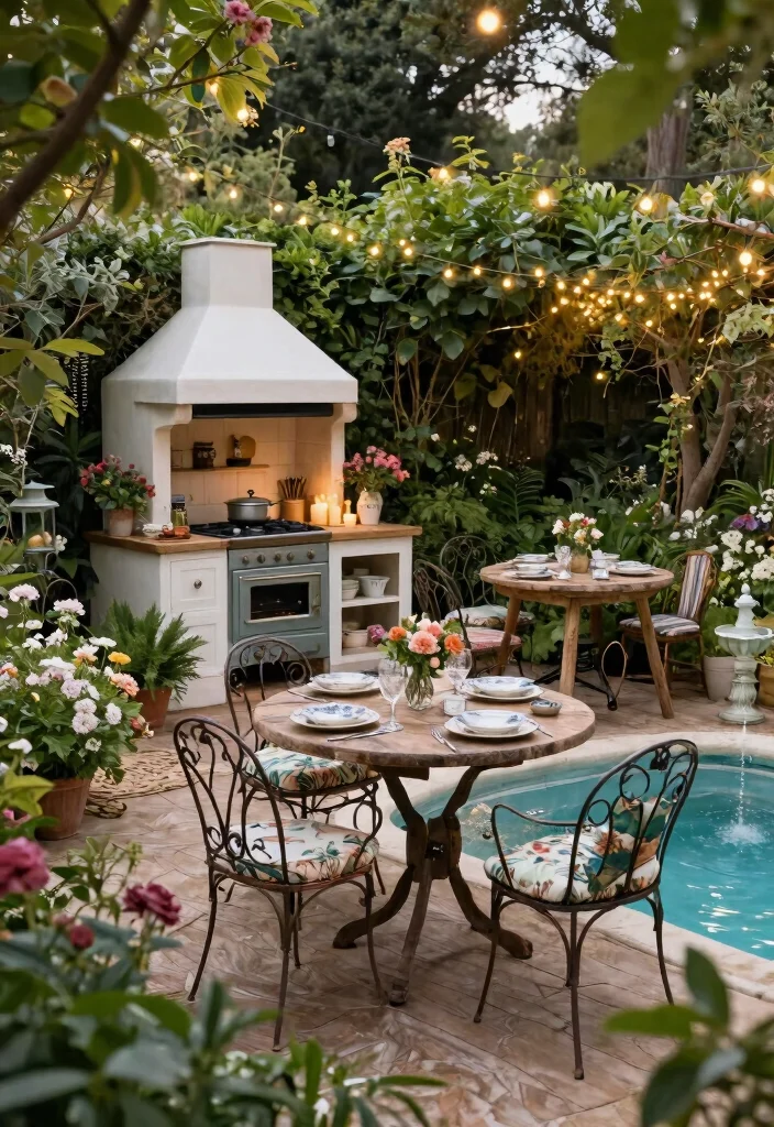 11 Dreamy Above Ground Pool Deck Ideas with Outdoor Kitchen 9. Vintage Garden Escape 0