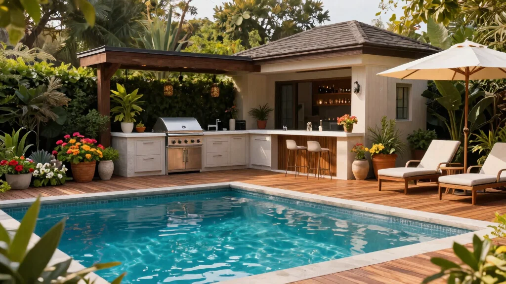 11 Dreamy Above Ground Pool Deck Ideas with Outdoor Kitchen