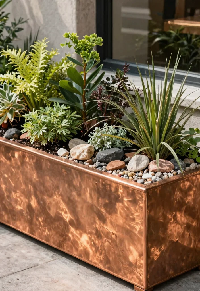 11 Elegant Copper Window Planter Ideas Ages Beautifully 9. Layered Textures with Decorative Stones 0