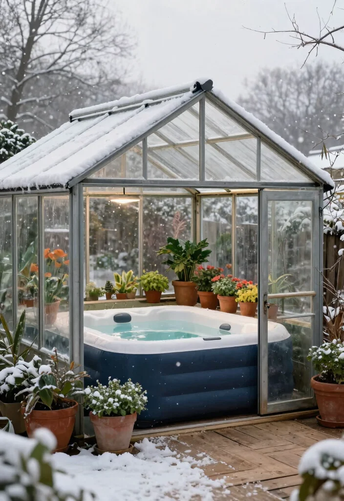 11 Genius Inflatable Hot Tub Shed Ideas for Winter Protection 3. Vintage Greenhouse Shed 0
