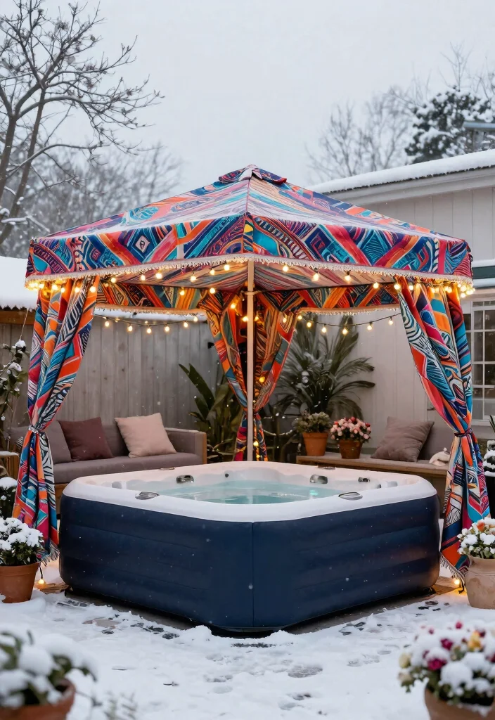 11 Genius Inflatable Hot Tub Shed Ideas for Winter Protection 8. Artistic Canvas Canopy 0