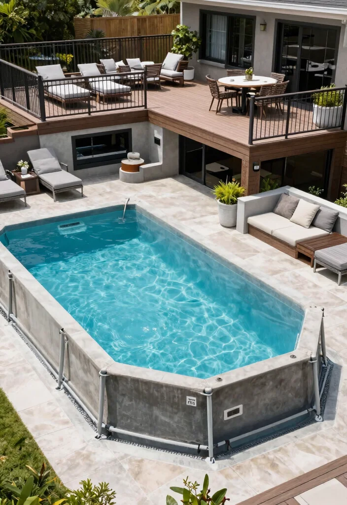 11 Modern Above Ground Concrete Pool Ideas Built to Last 10. Multi Level Decks for an Elevated Look 0