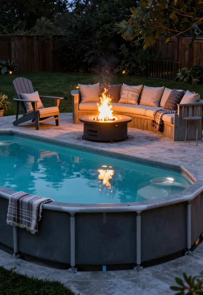 11 Modern Above Ground Concrete Pool Ideas Built to Last 5. Poolside Fire Pit for Cozy Evenings 0