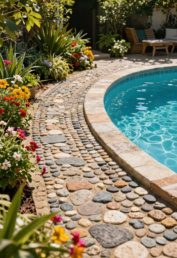 11 Natural Pool Edging Concepts Above Ground with Stone 4. Cobblestone Charm 0