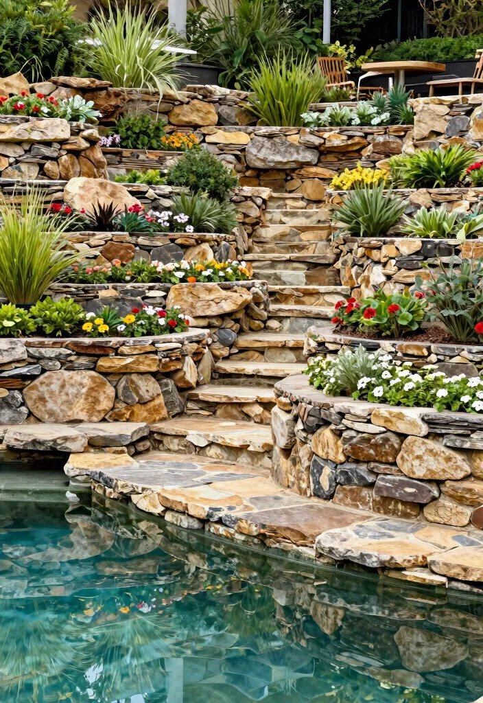 11 Natural Pool Edging Concepts Above Ground with Stone 7. Terraced Rock Wall 0