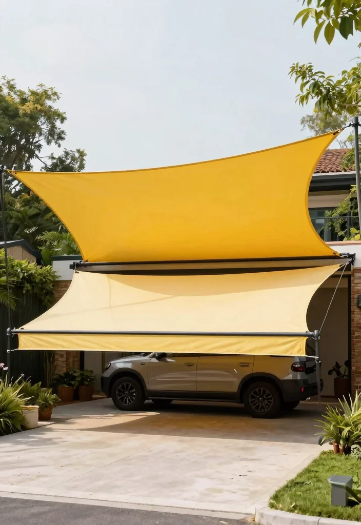11 Practical Driveway Awning Ideas to Protect Your Car 9. Sail Shade Awnings 0