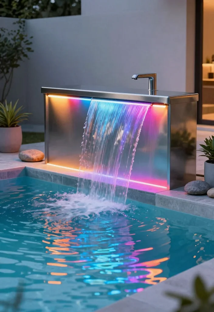 11 Relaxing Above Ground Pool Waterfall Ideas for Your Backyard Oasis 2. Modern Waterfall with LED Lights 0