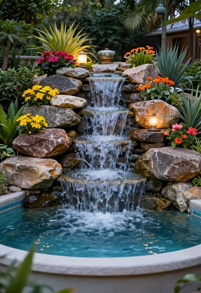 11 Relaxing Above Ground Pool Waterfall Ideas for Your Backyard Oasis 6. Multi Tiered Waterfall 0