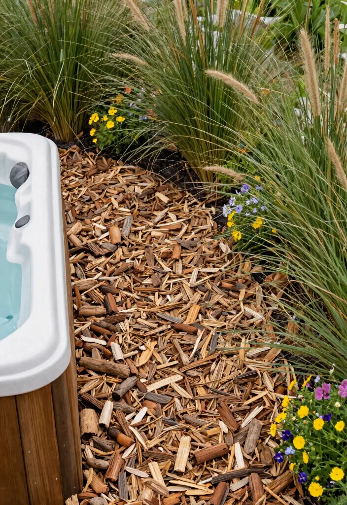 11 Smart Hot Tub Privacy Tips: DIY Cheap Solutions 10 11 Smart Hot Tub Privacy Tips DIY Cheap Solutions 10. Natural Bark or Wood Chip Mulch Eco Friendly Option 0