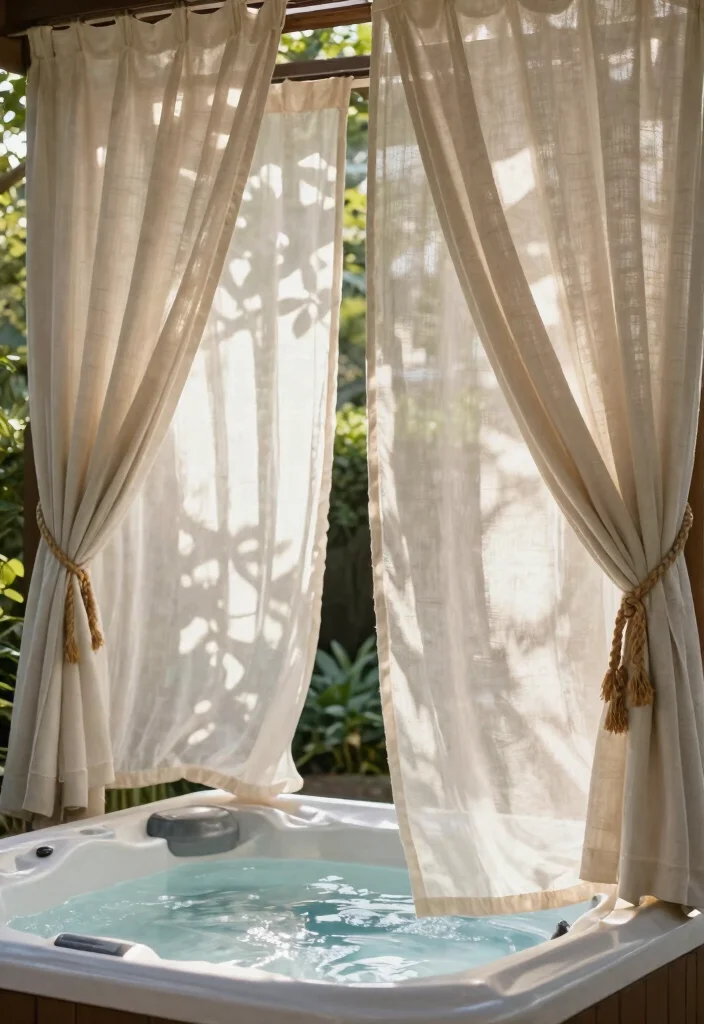 11 Smart Hot Tub Privacy Tips: DIY Cheap Solutions 5 11 Smart Hot Tub Privacy Tips DIY Cheap Solutions 5. Fabric Screens Soft and Stylish 0