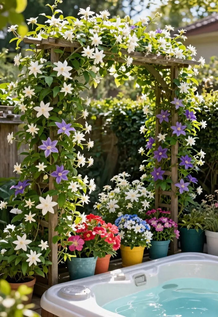 11 Smart Hot Tub Privacy Tips: DIY Cheap Solutions 6 11 Smart Hot Tub Privacy Tips DIY Cheap Solutions 6. Decorative Trellis Climbing Plants for Coverage 0