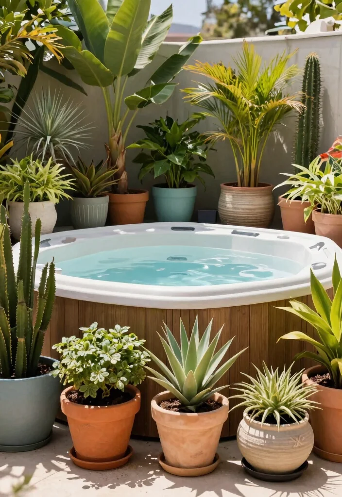 11 Smart Hot Tub Privacy Tips: DIY Cheap Solutions 9 11 Smart Hot Tub Privacy Tips DIY Cheap Solutions 9. Potted Plants Galore Layered Privacy 0