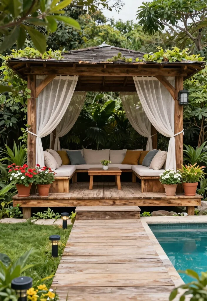 11 Stunning Above Ground Pool Deck Ideas with Gazebo 1. Rustic Wood Deck with a Canopy Gazebo 0