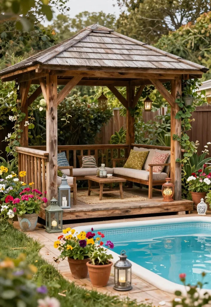 11 Stunning Above Ground Pool Deck Ideas with Gazebo 10. Charming Cottage Style Deck with a Rustic Gazebo 0