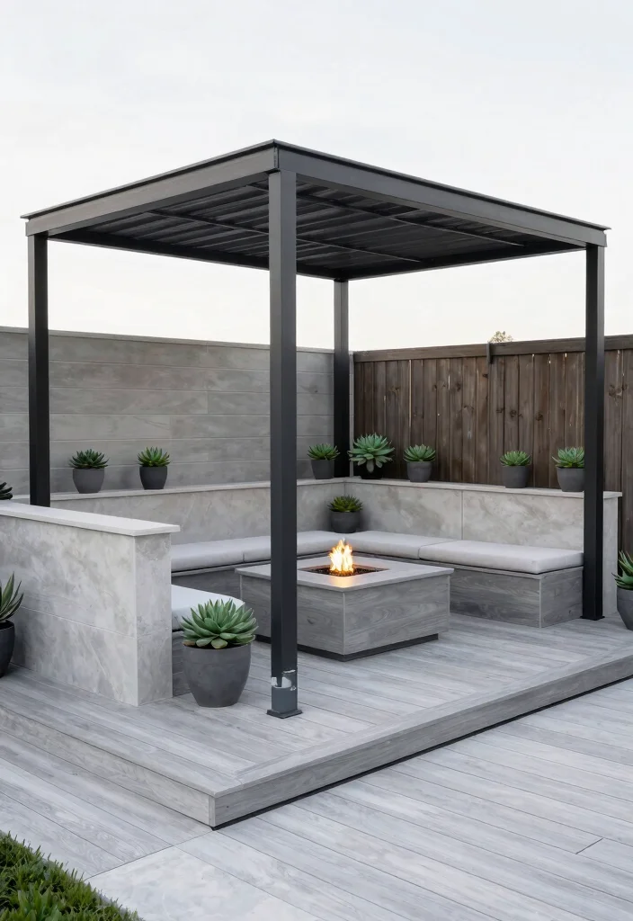 11 Stunning Above Ground Pool Deck Ideas with Gazebo 2. Modern Minimalist Deck with a Metal Gazebo 0