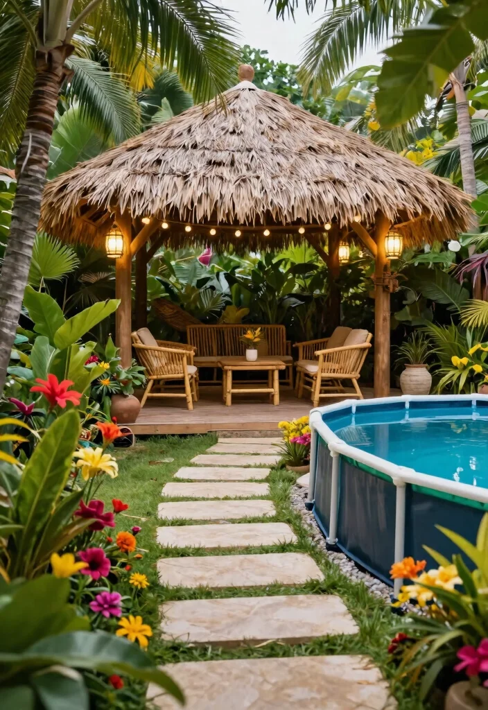 11 Stunning Above Ground Pool Deck Ideas with Gazebo 3. Tropical Oasis with a Thatch Gazebo 0