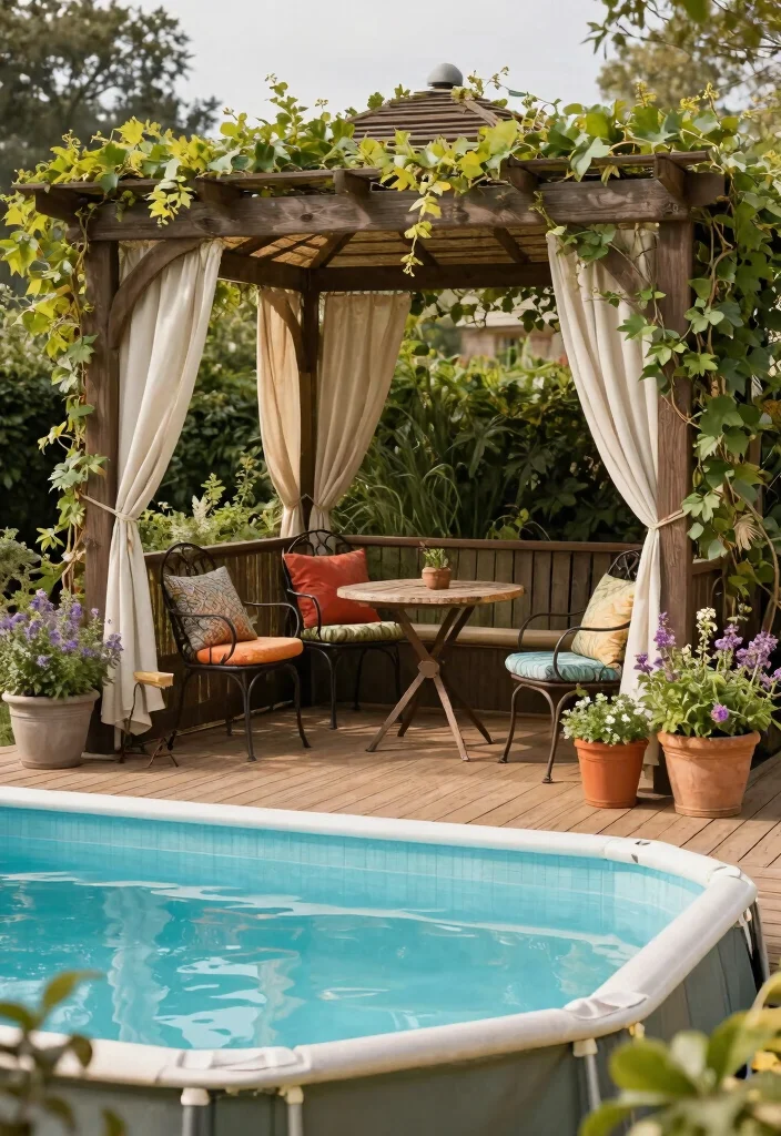 11 Stunning Above Ground Pool Deck Ideas with Gazebo 4. Vintage Charm with a Pergola Gazebo 0