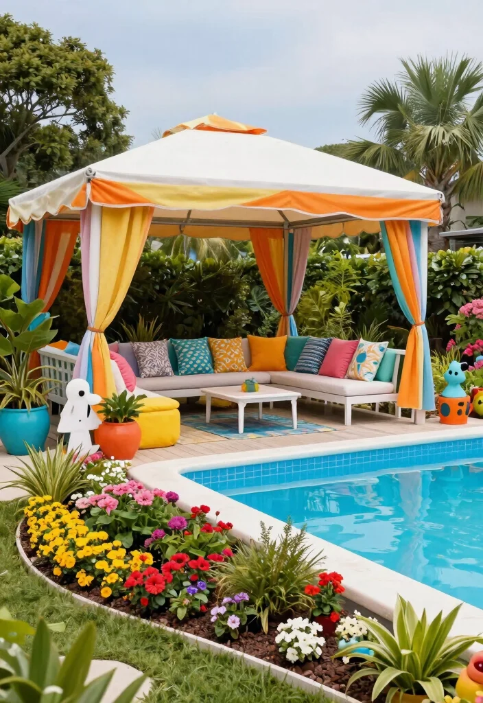 11 Stunning Above Ground Pool Deck Ideas with Gazebo 6. Colorful Eclectic Deck with a Canopy Gazebo 0
