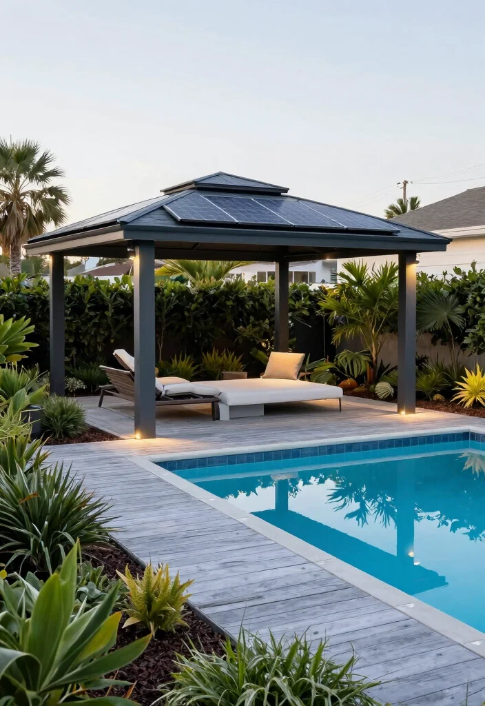 11 Stunning Above Ground Pool Deck Ideas with Gazebo 7. Eco Friendly Composite Deck with a Modern Gazebo 0
