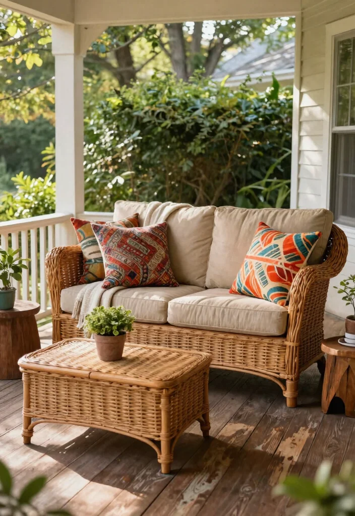 11 Timeless Wicker Patio Decor Ideas for Front Porches 1. Cozy Wicker Loveseat Arrangement 0