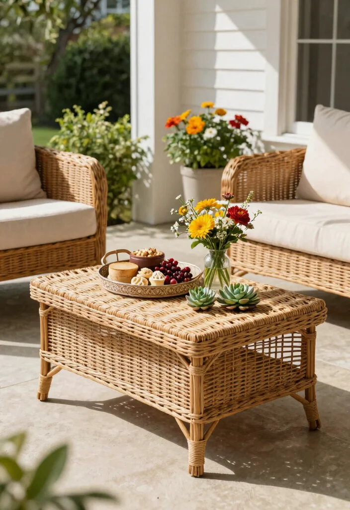 11 Timeless Wicker Patio Decor Ideas for Front Porches 4. Wicker Coffee Table with a Natural Touch 0