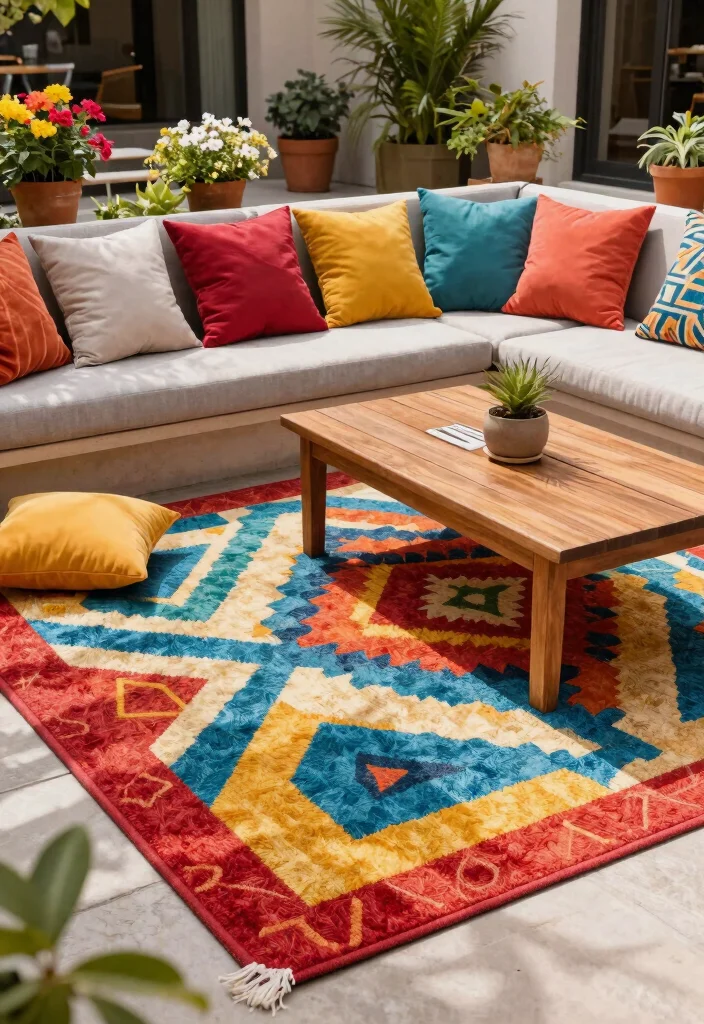 11 Trendy Coffee Shop Patio Design Ideas for Your Backyard 2. Bold Outdoor Rugs 0
