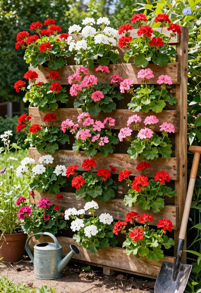 11 Vibrant Outdoor Geranium Planter Ideas for Summer 1. Vertical Garden Wall of Geraniums 0
