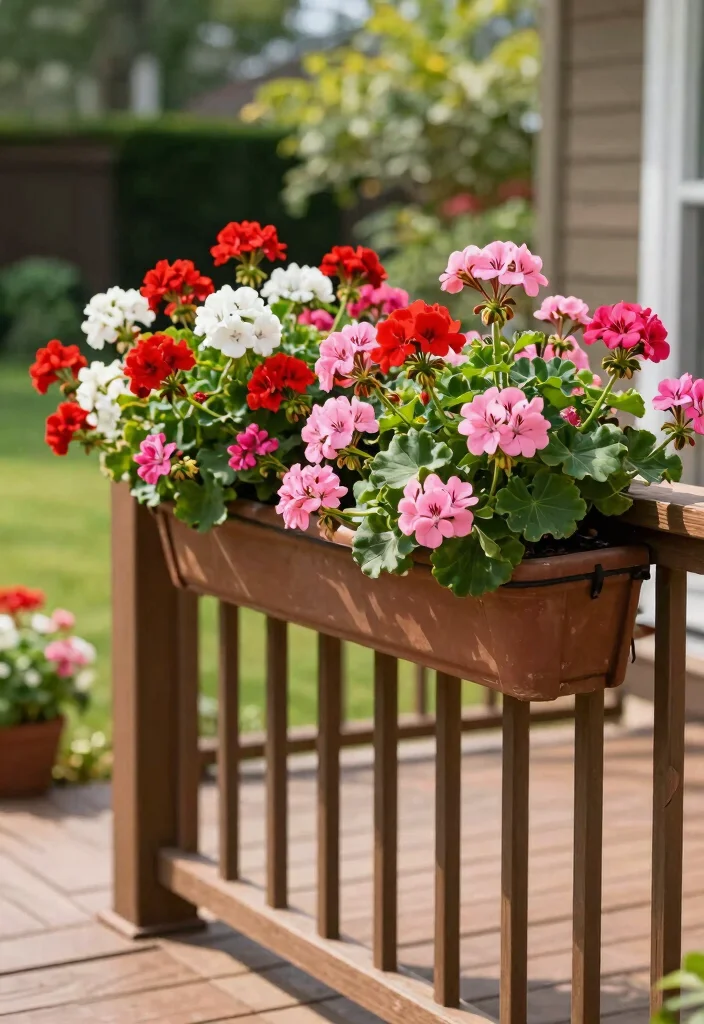 11 Vibrant Outdoor Geranium Planter Ideas for Summer 10. Geraniums on the Deck Railing 0