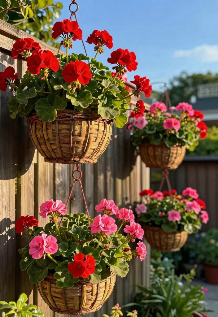 11 Vibrant Outdoor Geranium Planter Ideas for Summer 2. Charming Hanging Baskets 0