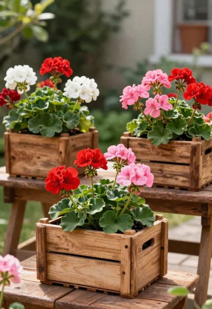 11 Vibrant Outdoor Geranium Planter Ideas for Summer 6. Geraniums in Rustic Wooden Boxes 0