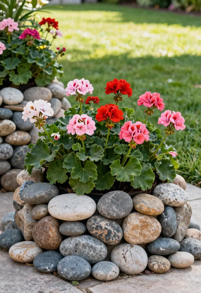 11 Vibrant Outdoor Geranium Planter Ideas for Summer 9. Geraniums with Decorative Stones 0