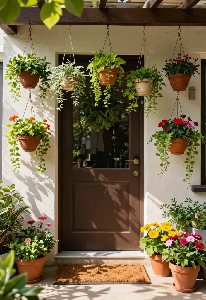 11 Welcoming Patio Door Decor Inspiration for Entryways 1. Lush Greenery with Hanging Planters 0