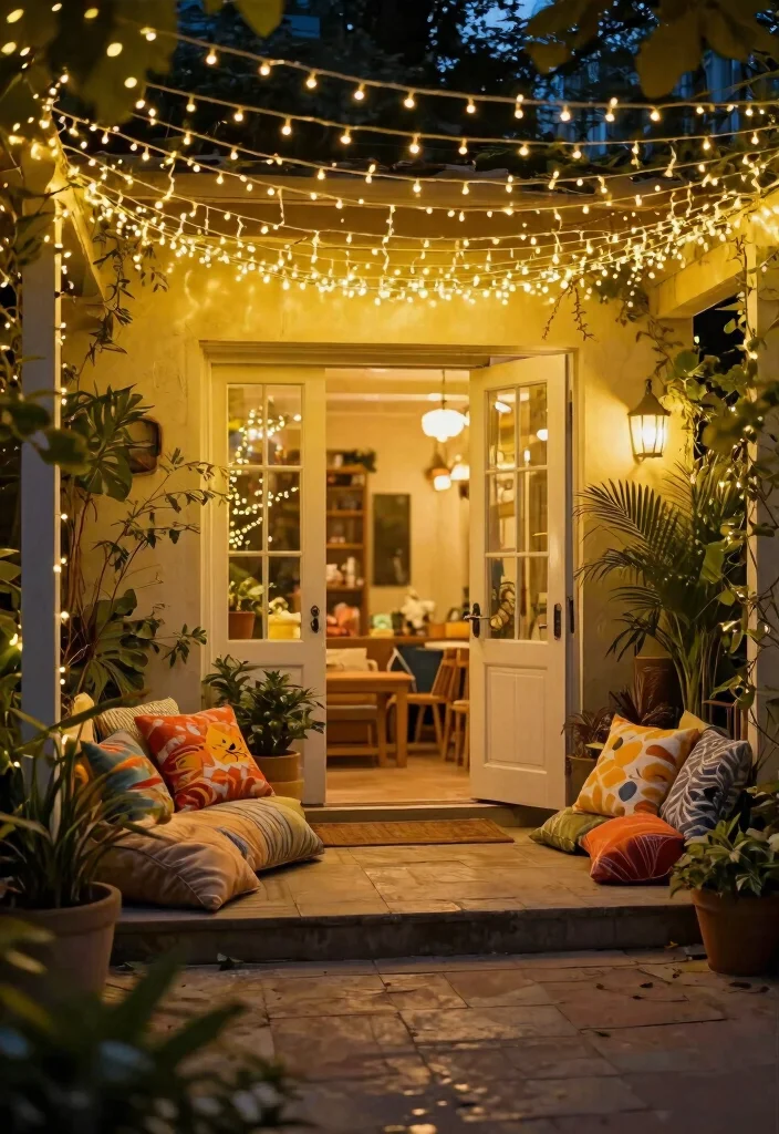 11 Welcoming Patio Door Decor Inspiration for Entryways 10. Twinkling String Lights 0